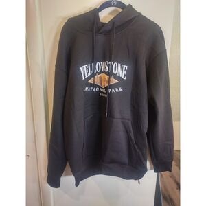 Zaful Yellowstone National Park Hoodie Mens Small Black Graphic Fleec Sweatshirt
